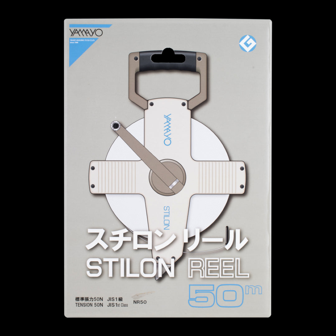 YAMAYO 50m nylon-coated steel measuring tape with durable ABS housing, rust-resistant, zero start for precise measurements.