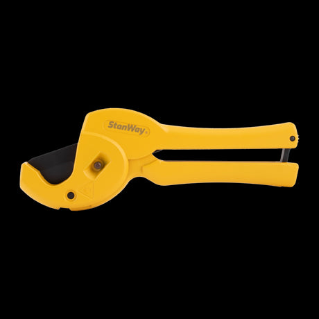 STANWAY Plastic Raptor Pipe Cutter in yellow, designed for clean cuts in various plastic pipes, featuring automatic blade retraction.