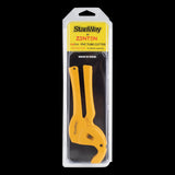 STANWAY Plastic Raptor Pipe Cutter in yellow, designed for effortless cutting of various plastic pipes, featuring an automatic blade retraction.