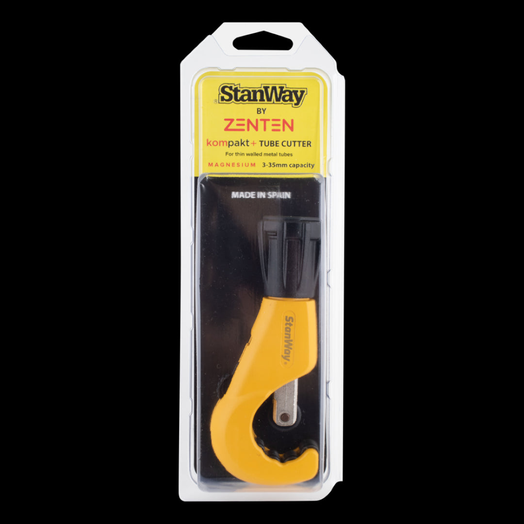 STANWAY Kompakt Pipe Cutter: lightweight tool for precision cuts on thin-walled aluminum and copper pipes, 3-35mm diameter.