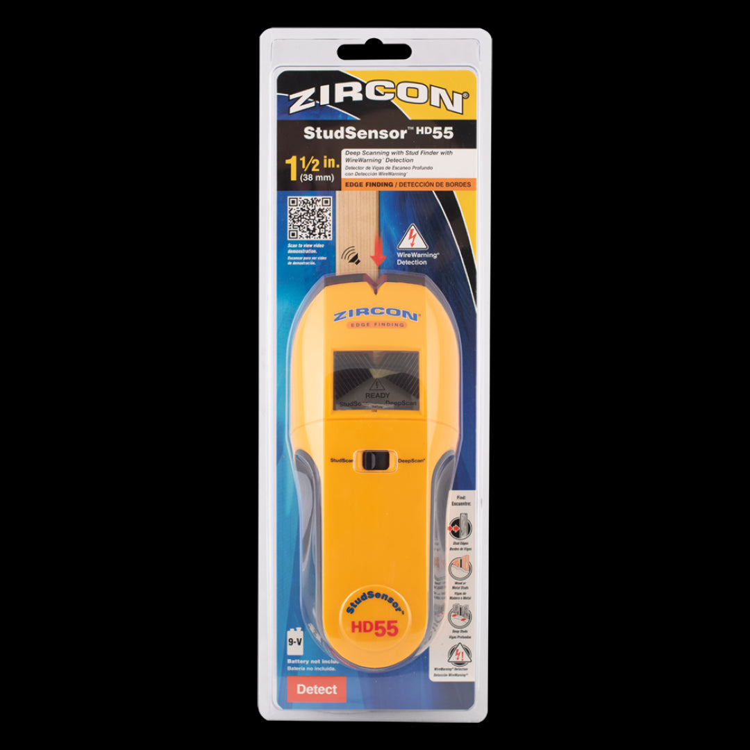 ZIRCON StudSensor HD55 stud finder with enhanced LCD, SpotLite Pointer, and WireWarning for safe stud location and marking.