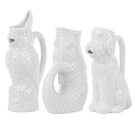 Set of 3 assorted ceramic jugs featuring a dog, fish, and bird design, each showcasing unique character and charm.