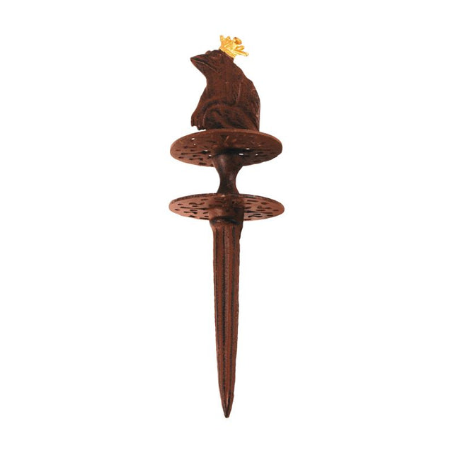 Cast iron frog hose guide, standing 34cm tall, protects plants while adding whimsical charm to your garden décor.