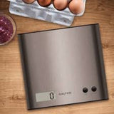 Sleek stainless steel kitchen scale features Add & Weigh, Aquatronic functions, and a large LCD for precise measurements.