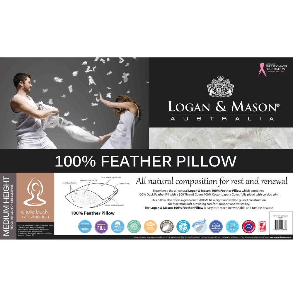 Logan & Mason 100% Feather Pillow featuring a soft cotton cover, walled gusset, and machine washable design for ultimate comfort.