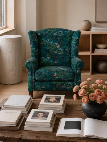 Paradisio Green Printed Fabric Wingback Armchair