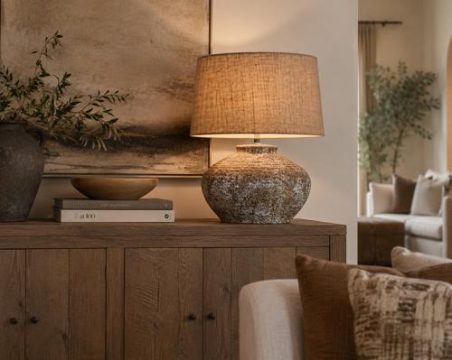 Grey Stone Ceramic Table Lamp with Hessian Shade 430x430x500