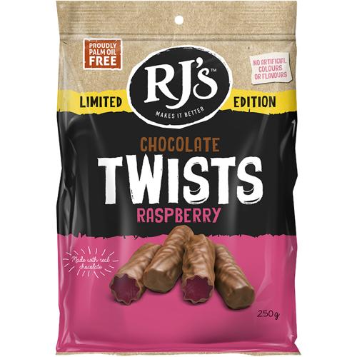 RJ’s Chocolate Twists Raspberry 250g - (Pack of 12)