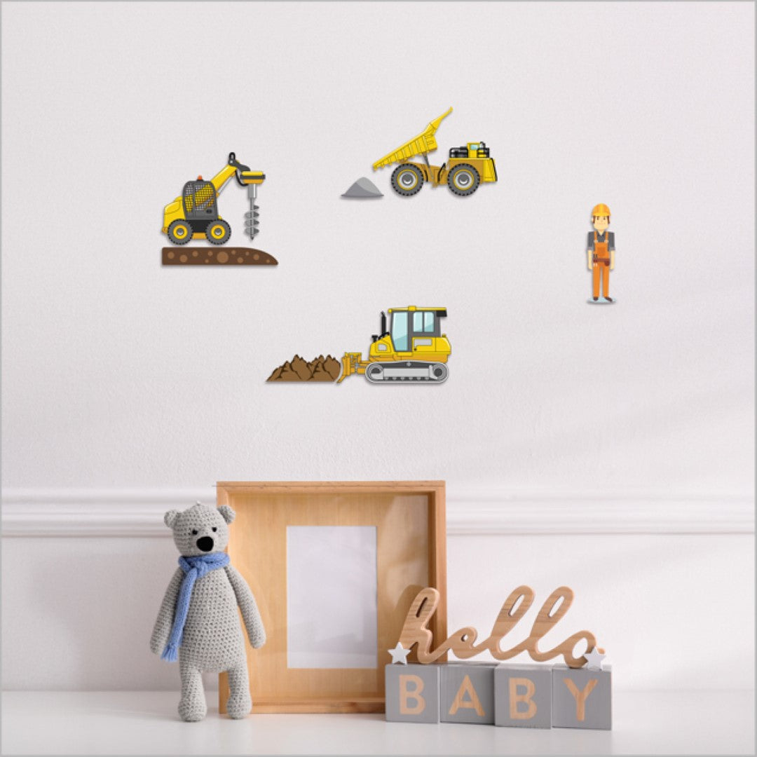 Colorful wall art set featuring a laser-cut construction bulldozer design, perfect for kids' rooms or playful decor.