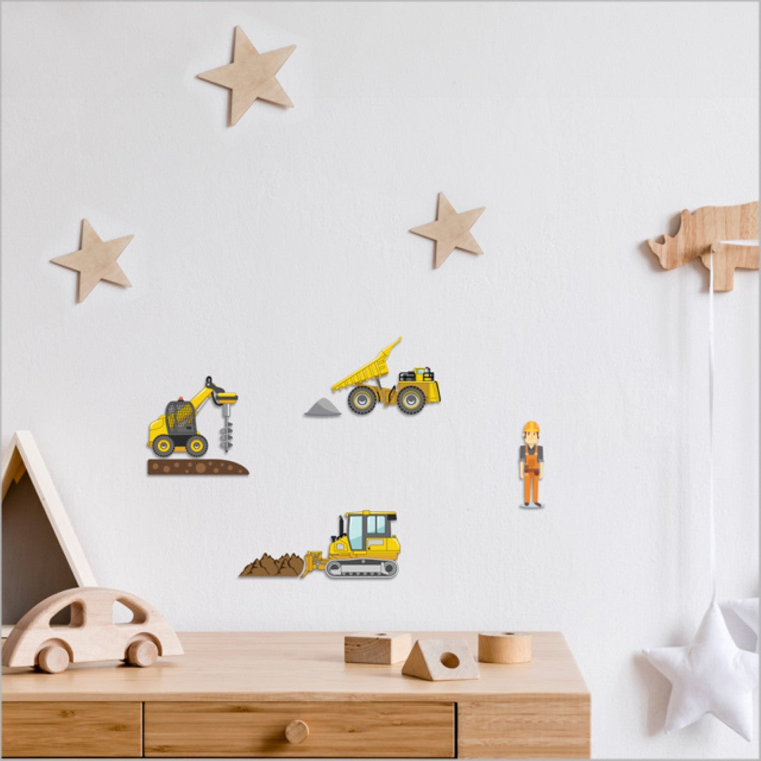 Colorful wall art featuring a pop-out construction bulldozer set, perfect for kids' rooms and playful decor.