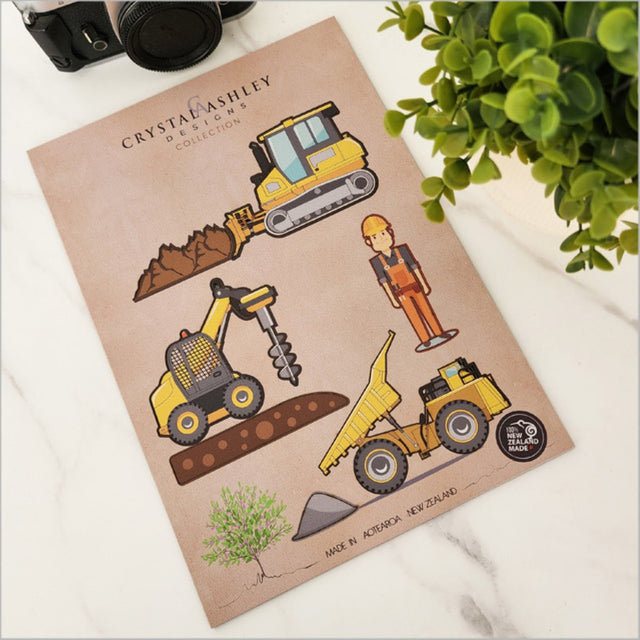 Colorful wall art featuring a 3D construction bulldozer design, perfect for kids' rooms and play areas.