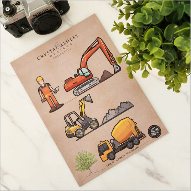 Colorful pop-out construction digger wall art for kids' rooms, crafted from eco-friendly materials in New Zealand.