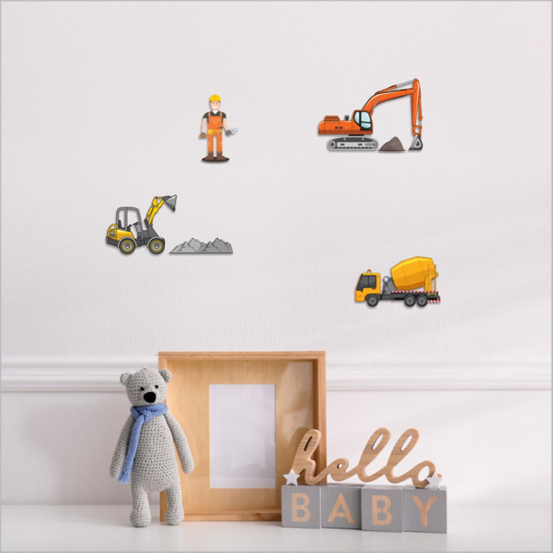 Playful pop-out construction digger wall art, perfect for kids' rooms, crafted from eco-friendly materials in New Zealand.