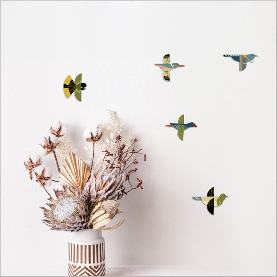 Colorful pop-out folk bird wall art set, crafted from textured board, perfect for enhancing home decor and gifting.