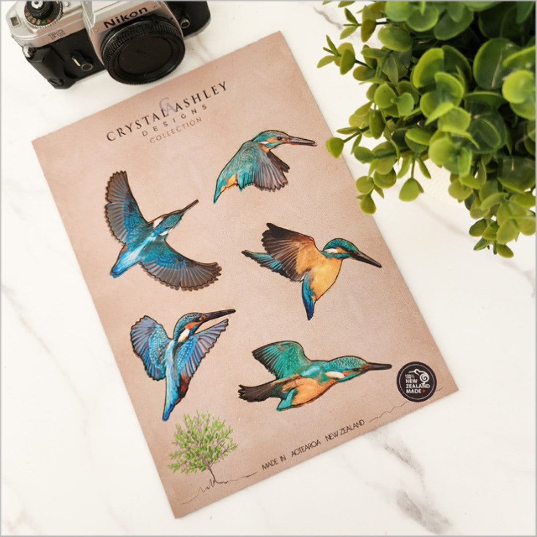 Brightly colored kingfisher wall art set, handcrafted in New Zealand, perfect for vibrant home decor or unique gifts.