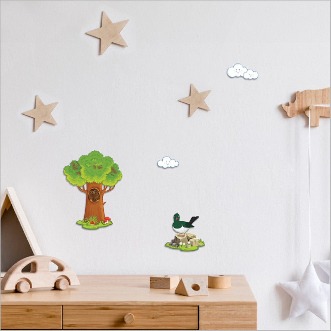 Exquisite pop-out wall art set featuring laser-cut Kereru and Ruru birds on textured board, perfect for home decor.