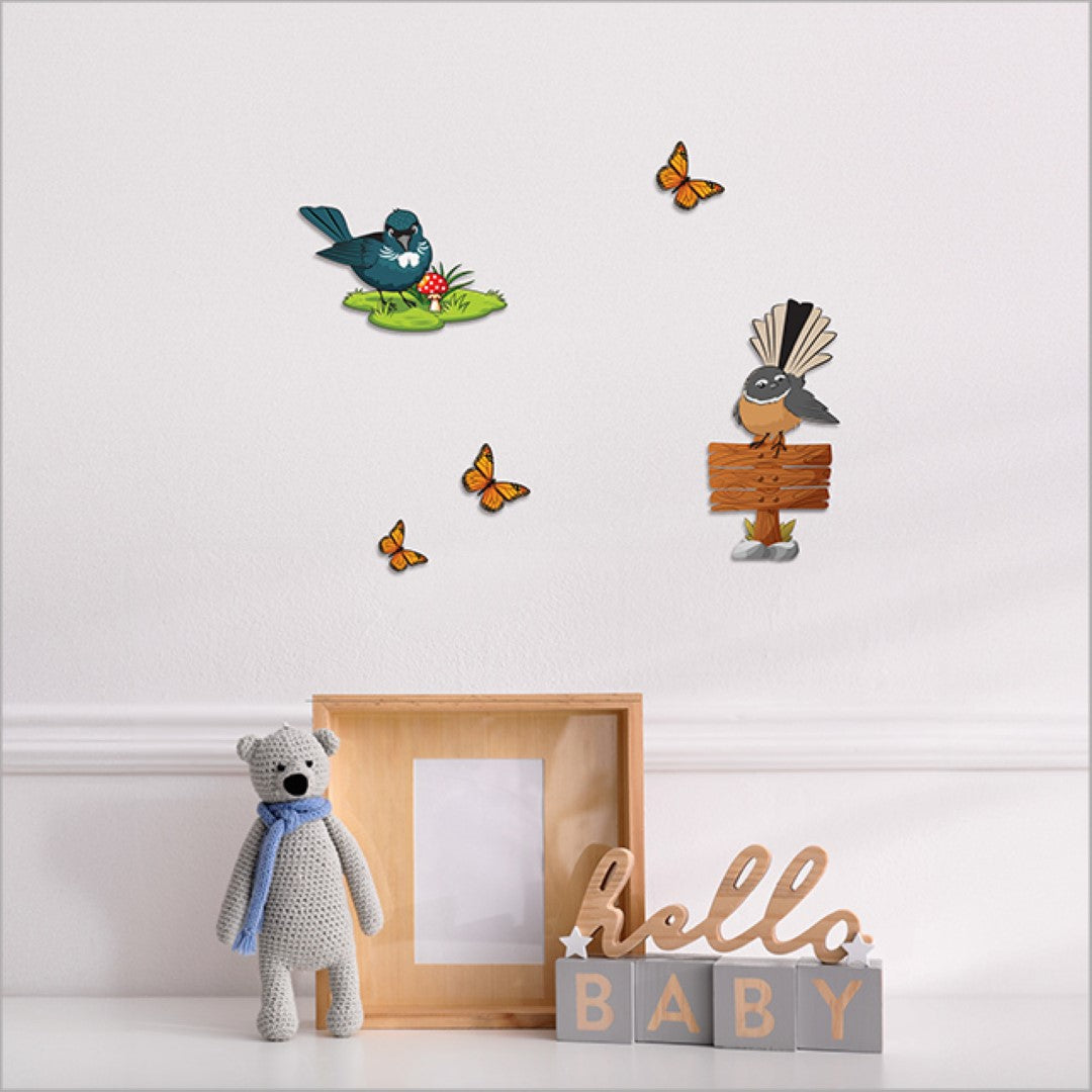 Colorful wall art featuring pop-out Tui and Fantail birds, crafted from textured 3mm thick board, celebrating New Zealand's nature.