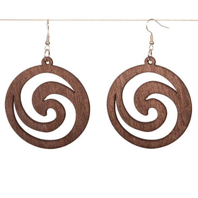 Elegant Swirl Earrings featuring a 5.5cm diameter and unique spiral design, crafted from high-quality wood for a modern aesthetic.