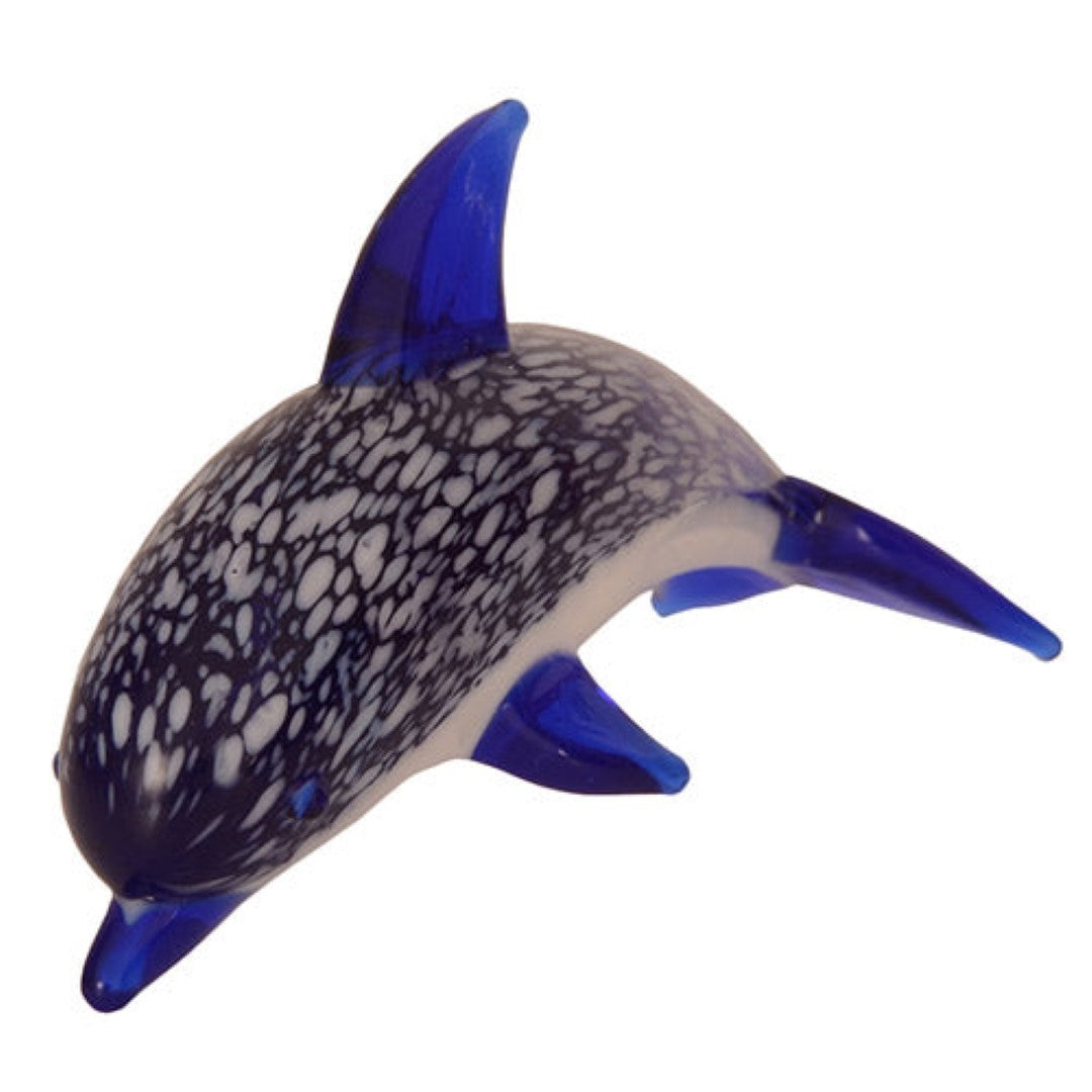 Hand blown glass dolphin ornament (8 x 4 cm) showcasing intricate details and vibrant colors, perfect for decor or gifting.