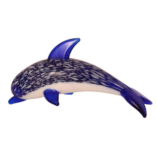 Hand blown glass dolphin ornament, 8x4 cm, showcasing vibrant colors and unique craftsmanship, perfect for home decor or gifting.