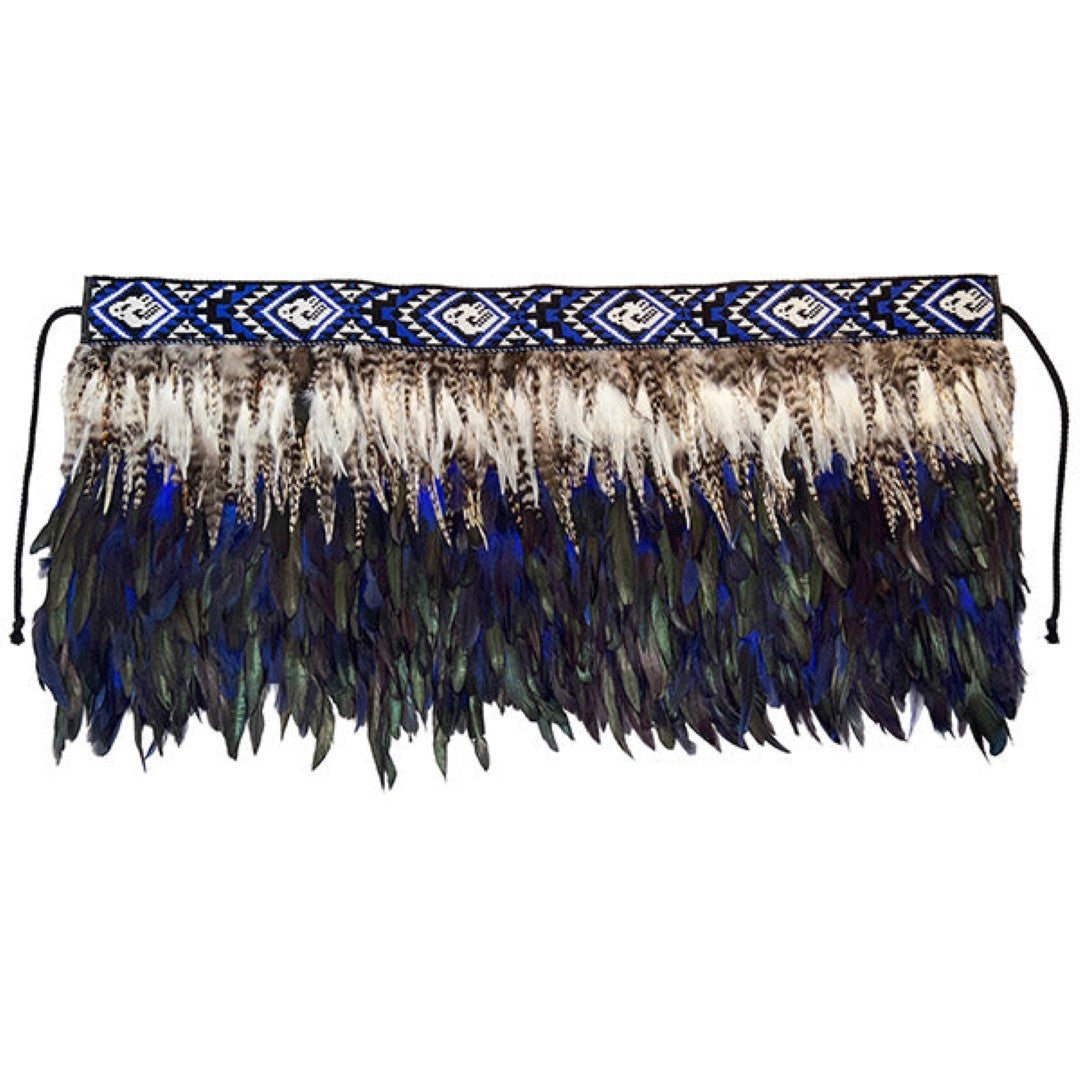 Blue Half Korowai, a handcrafted garment symbolizing M?ori culture, featuring intricate designs and a deep blue hue.