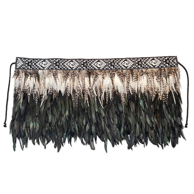 Elegant black Half Korowai cape featuring traditional M?ori craftsmanship, adorned with feathers and symbolic bands.