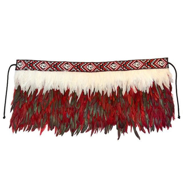 Half Korowai in vibrant red, 123 x 40.3 cm, handcrafted with Maori artistry, featuring intricate details and symbolic motifs.