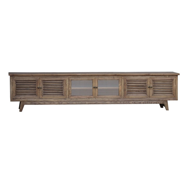 Reclaimed oak TV unit measuring 2.5m x 45cm x 55cm, featuring open shelves and cabinets for stylish media storage.