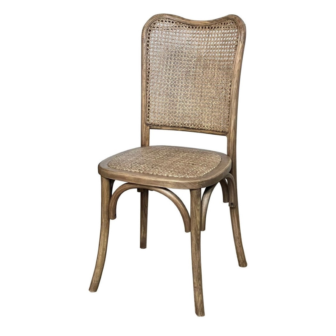 Elegant oak dining chair with woven cane backrest, perfect for adding classic style and durability to any dining space.