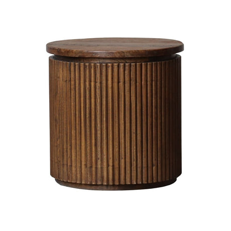 Round side table made of old elm wood, featuring a natural finish and generous circular surface for decor or drinks.