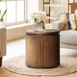 Round side table made of old elm, featuring a smooth circular surface and sturdy legs, perfect for any living space.