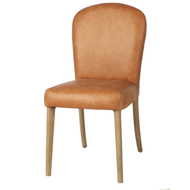 Amberley Tan Leather Dining Chair with handle and studs, featuring top grain leather and sturdy ash wood legs for style and comfort.