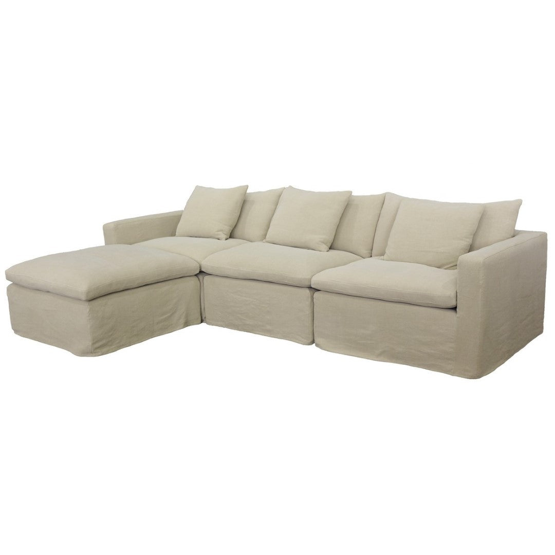 Sophisticated hemp chaise lounge with left-arm design, featuring plush upholstery and generous cushioning for ultimate comfort.