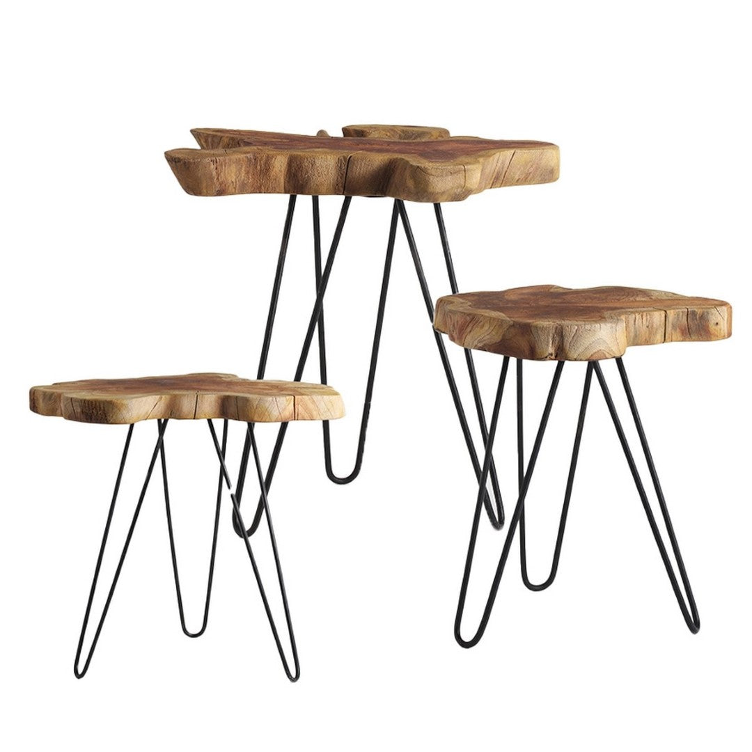 Nori Teak Nesting Tables Set of 3 in natural and black, showcasing elegant teak grain and versatile storage design.