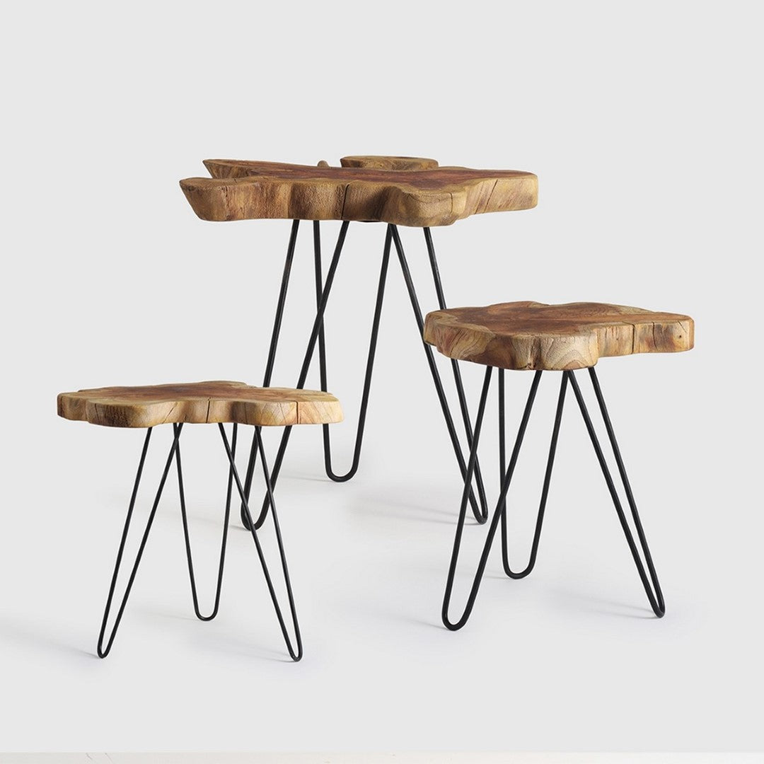 Nori Teak Nesting Tables Set of 3 in natural and black, featuring solid teak construction and versatile storage design.