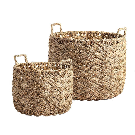 Set of 2 handcrafted seagrass baskets with rustic design, perfect for stylish home organization and storage solutions.