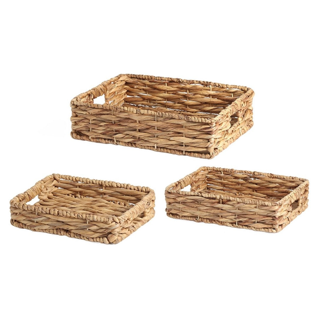 Set of 3 natural water hyacinth trays with woven designs, ideal for organizing, serving, or decorating any space.