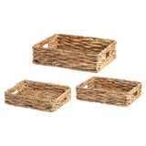 Set of 3 natural water hyacinth trays with woven designs, ideal for organizing, serving, or decorating any space.