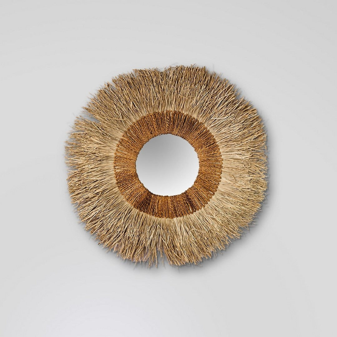 Handcrafted seagrass mirror (1.3m) with unique weave, adding earthy charm to any room while enhancing light and space.