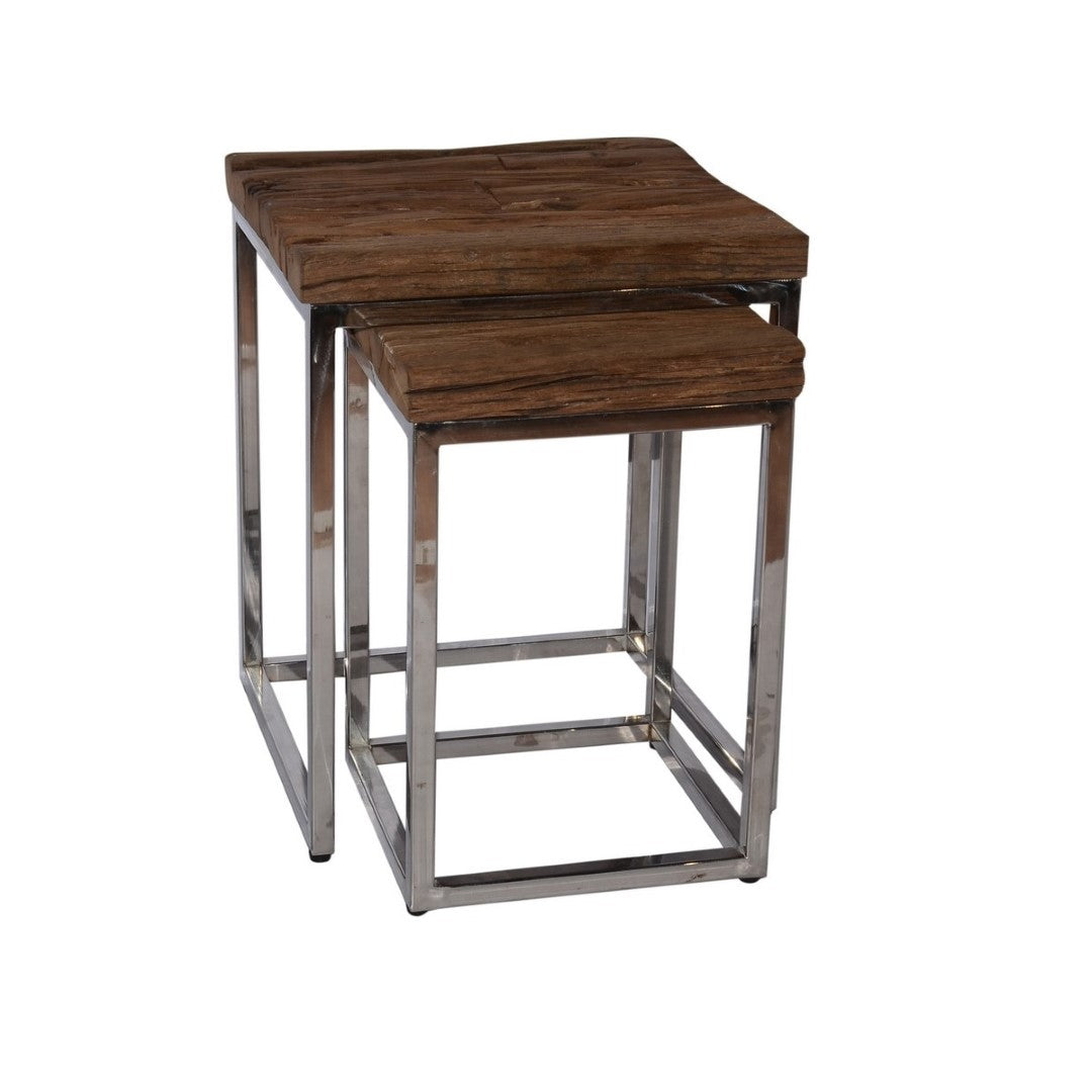 Set of 2 handcrafted nesting tables in reclaimed teak with unique grain patterns, perfect for versatile use and small spaces.