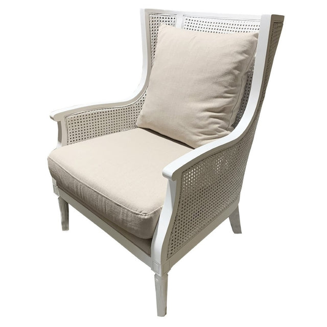 Antique white rattan Relax Chair with natural cushion, blending comfort and style for any living space.