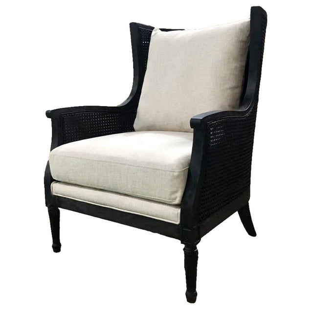 Antique black Raffles Rattan Relax Chair with natural cushion, perfect blend of comfort and elegance for any room.