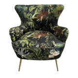 Botanical occasional chair with vibrant print, plush velvet upholstery, solid timber frame, and antique brass legs, offering stylish comfort.