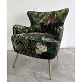 Botanical Occasional Chair with lush velvet upholstery, antique brass legs, and nature-inspired print, perfect for stylish comfort.