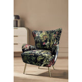 Botanical Occasional Chair with plush velvet, floral print, solid timber frame, and antique brass legs for stylish comfort.