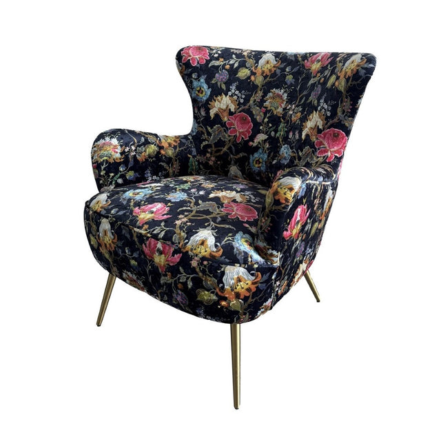 Elegant Oriental occasional chair in printed velvet with intricate patterns and carved wooden legs, perfect for stylish interiors.