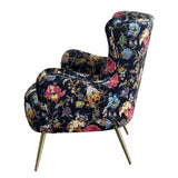 Elegant Oriental Occasional Chair in luxurious printed velvet, featuring carved wooden legs and intricate patterns, perfect for any decor.