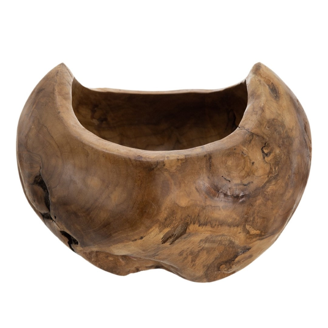 Teak bowl crafted from natural teak root, 30x30x27cm, perfect for fruits or decor, showcasing unique grain and rustic elegance.