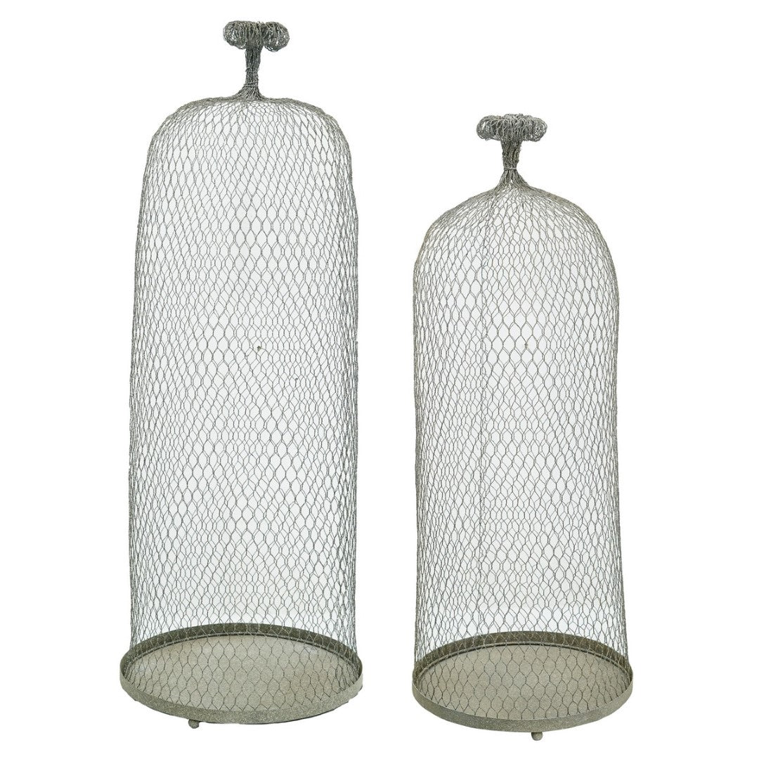 Set of 2 modern wire cloches, perfect for showcasing plants or candles, crafted from durable metal for stylish decor.