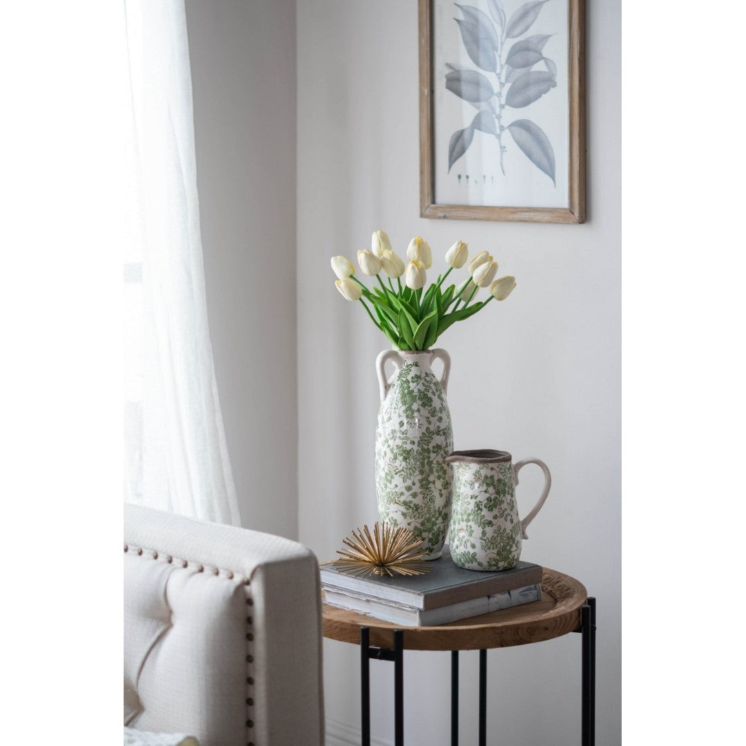 Elegant green and white ceramic flower vase, 13x13x35cm, ideal for showcasing beautiful floral arrangements.